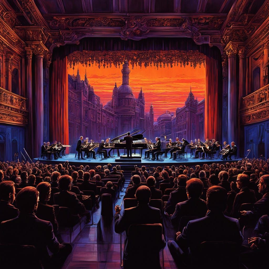 Conductor's Tense Pre-Concert Moment in Futuristic Setting