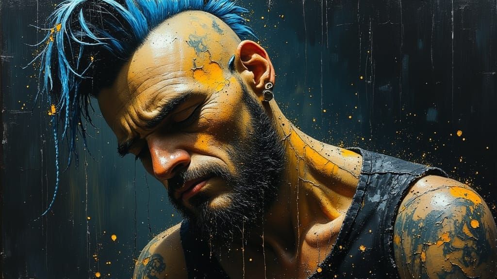 Tired Punk Rocker Portrait in Rainy Night Street Scene