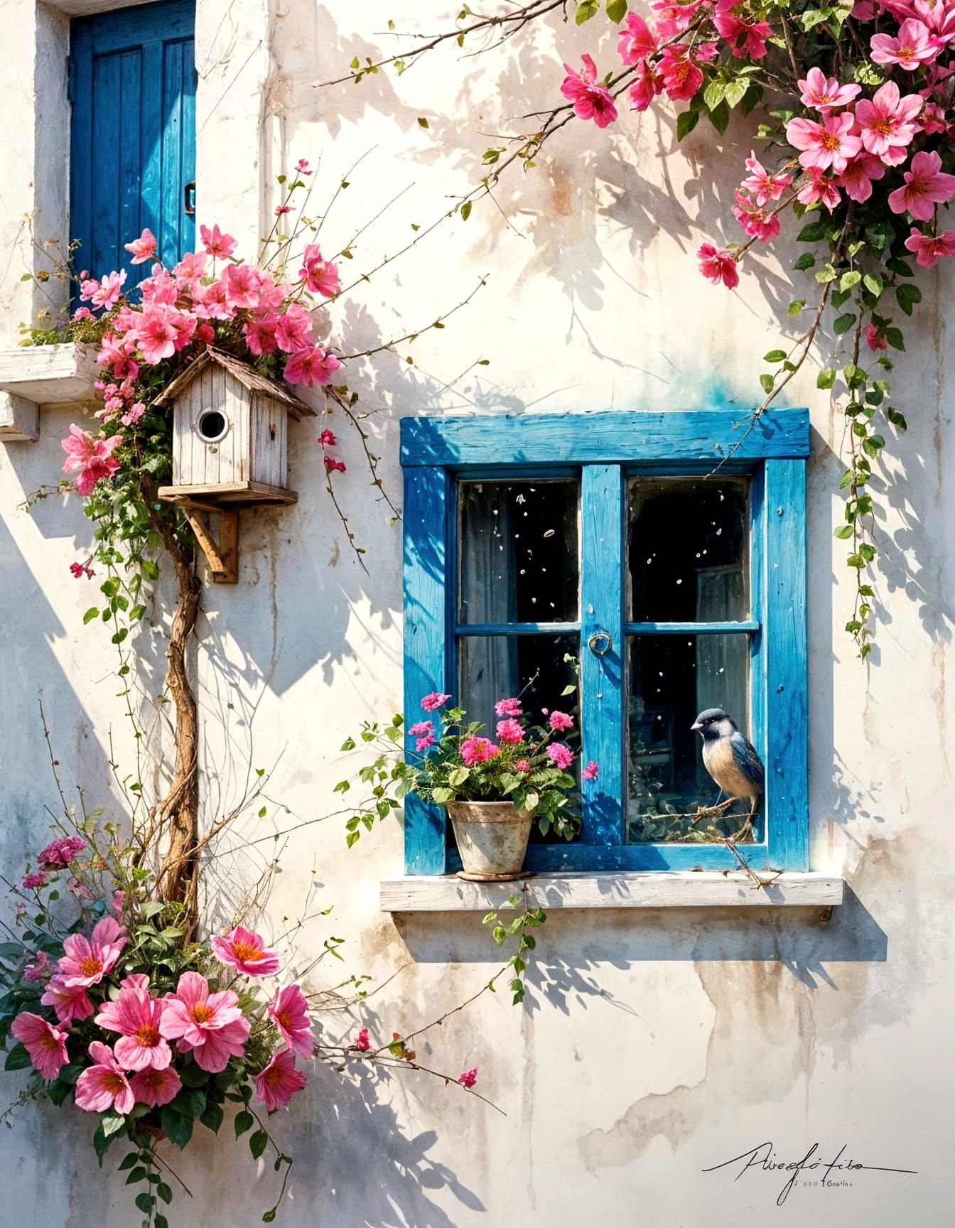 Greek Island Wall with Birdhouse in Watercolor Style