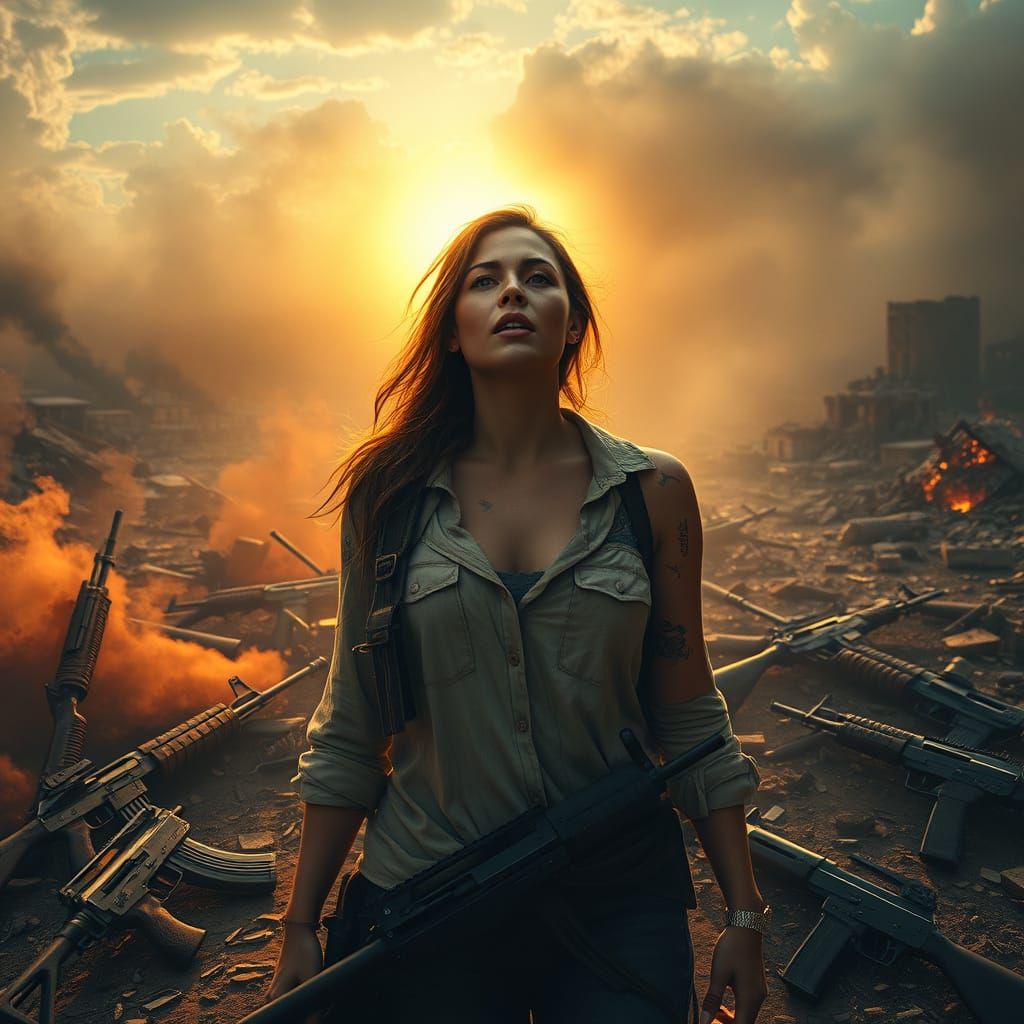 War-Torn Woman Defies Injustice in a Blaze of Golden Light