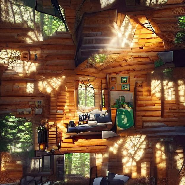 Cozy Cabin in a Sunlit Forest