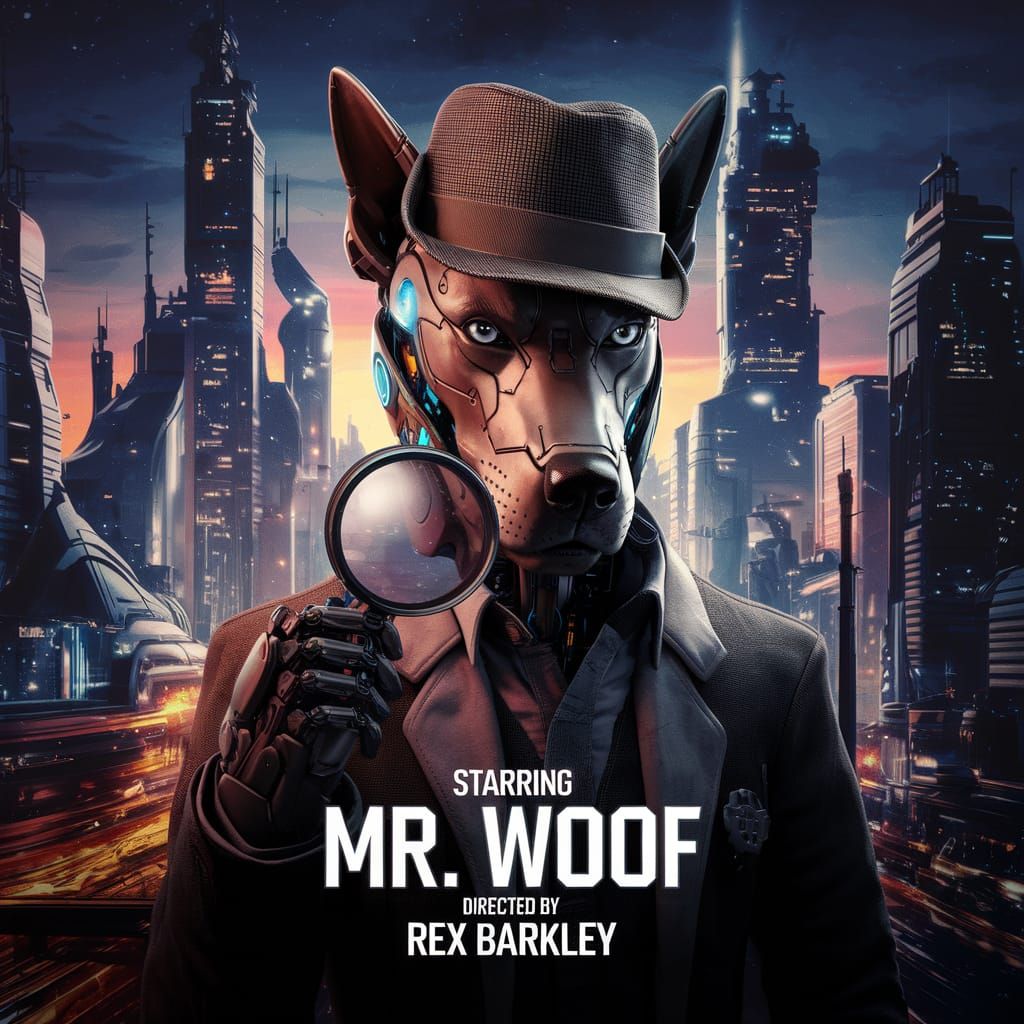 Robotic Dog Detective Movie Poster in Futuristic City