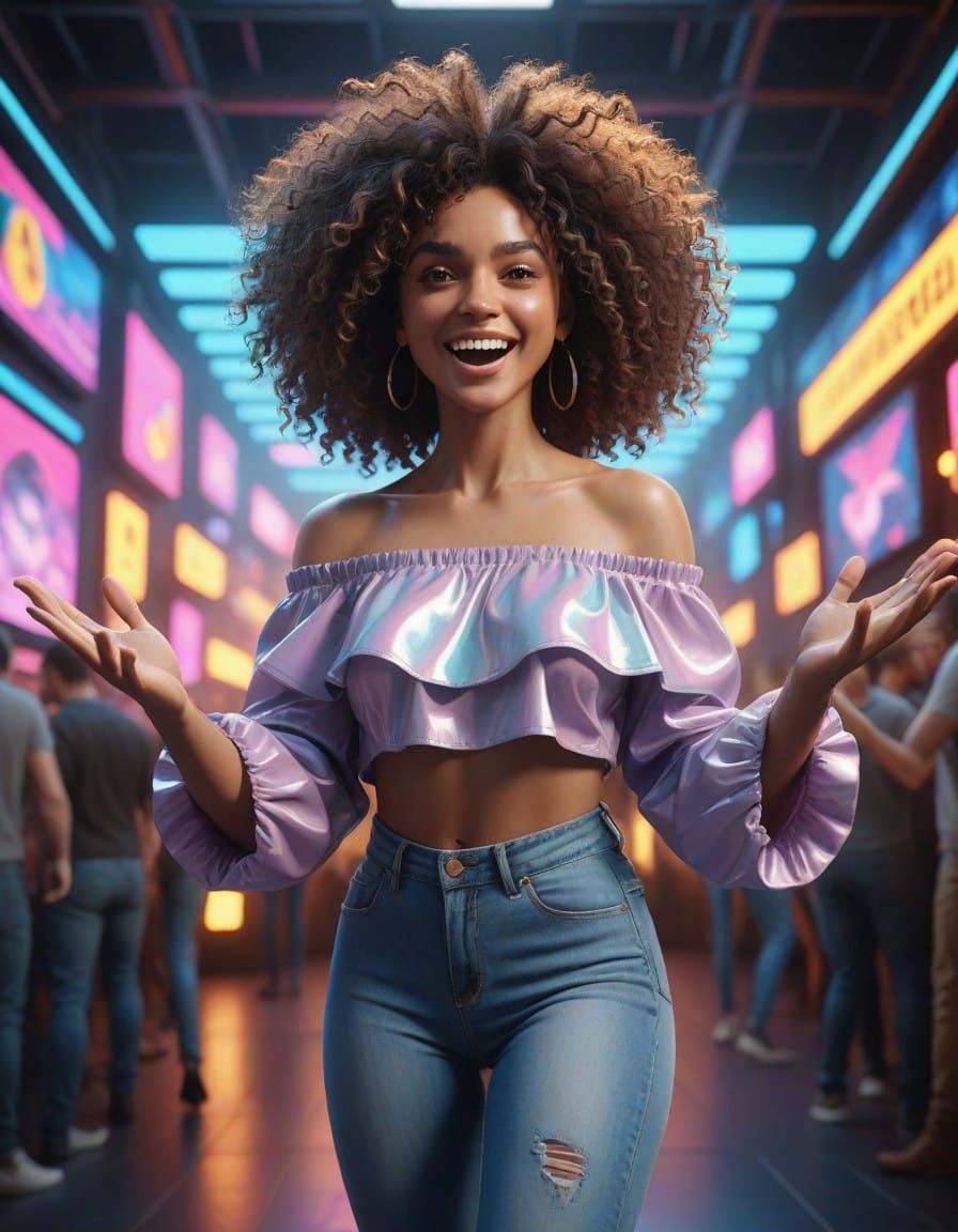 Afro-Latina Woman in Vibrant Futuristic Setting