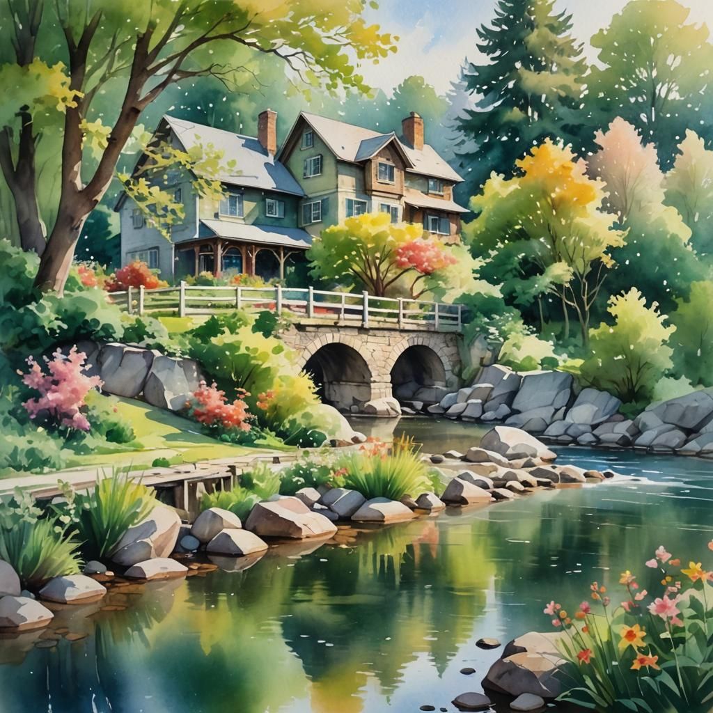Watercolor House by River with Bridge and Flowers