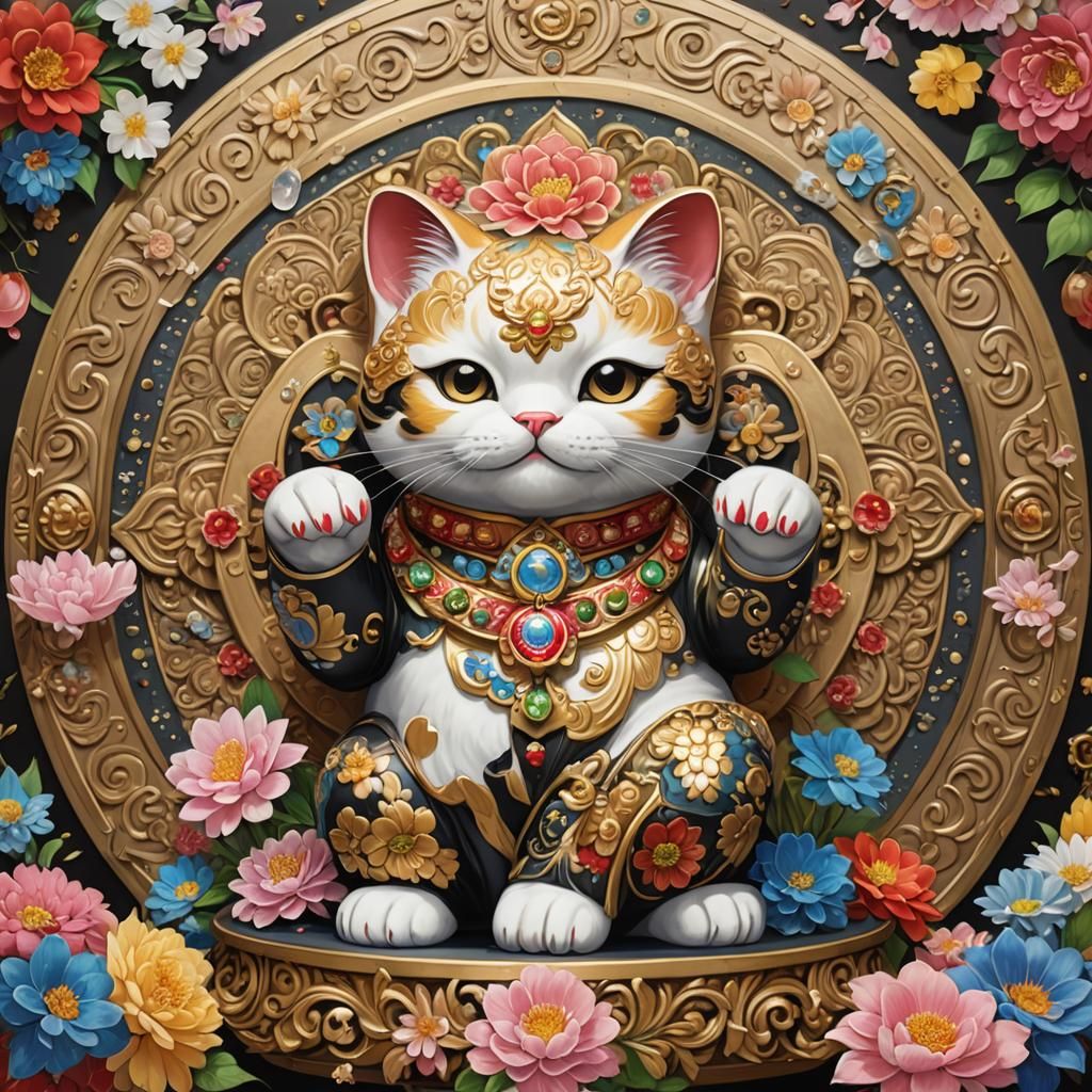 Baroque Maneki Neko Oil Painting with Mandala