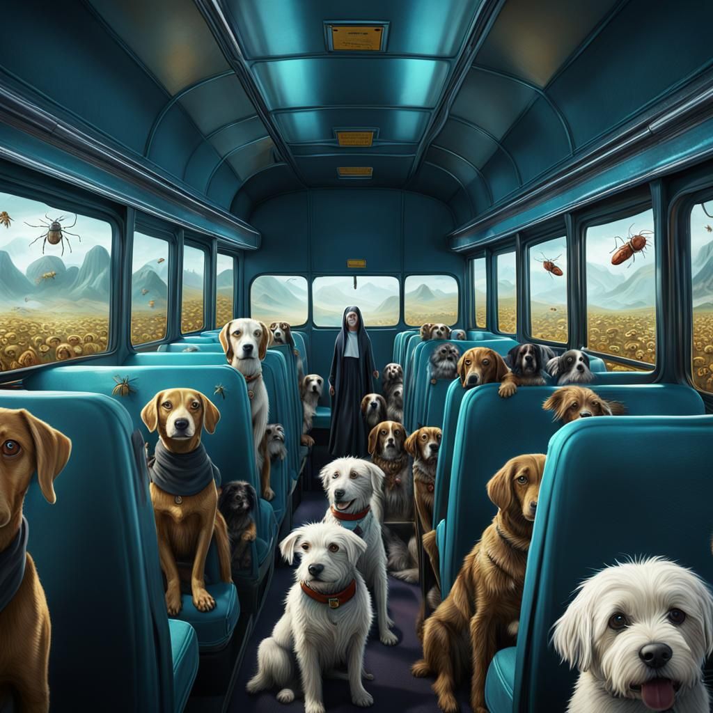 Crowded Bus with Insect Nuns and Dogs