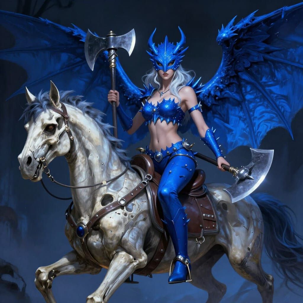 Dark Fantasy Warrior on Skeletal Steed with Blue Accents