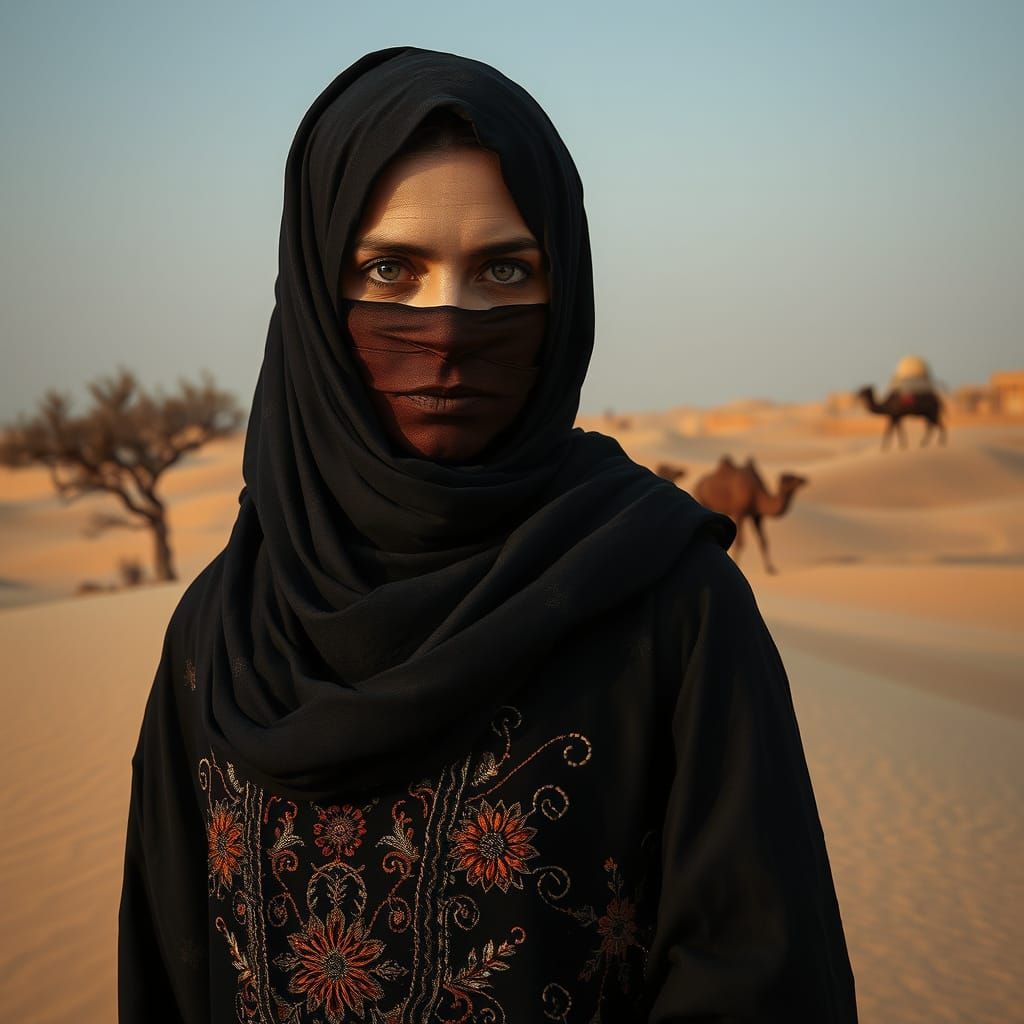 Afghan Woman in Niqab with Windswept Dunes