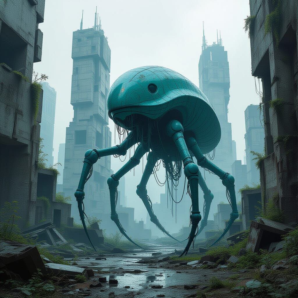 Surreal Lifeform in Decayed Cityscape