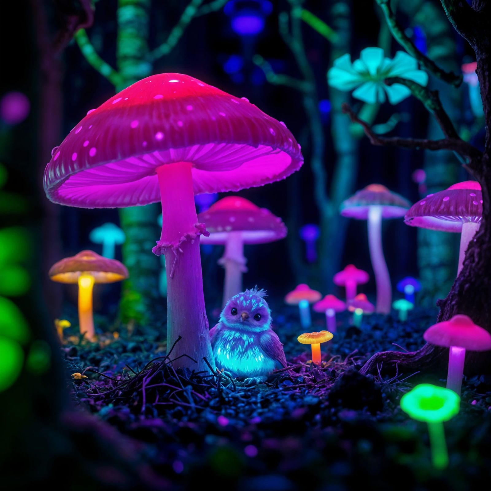Bioluminescent Forest with Glowing Mushroom and Bird