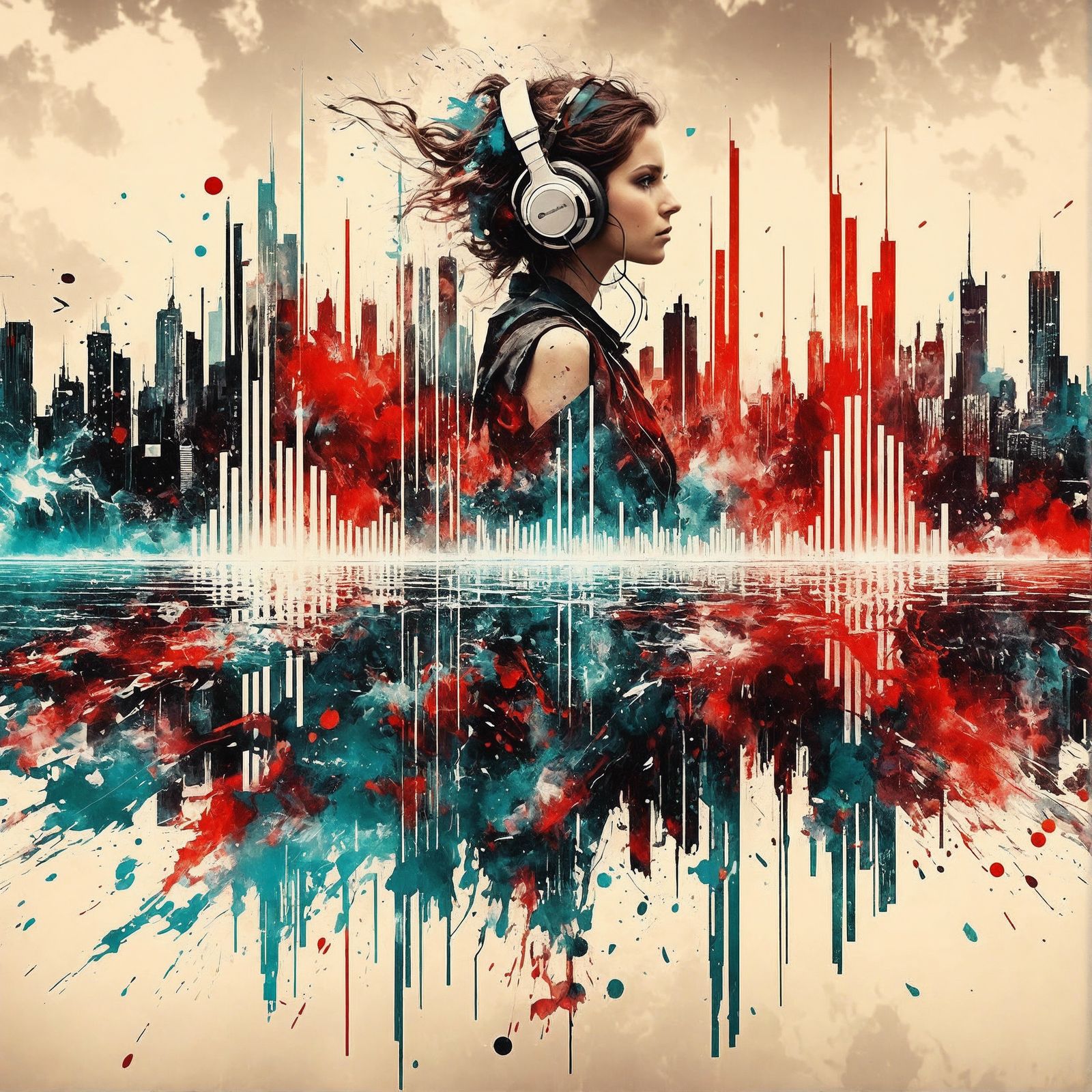 Megalopolis Sound Wave: Hyperrealistic Double Exposure