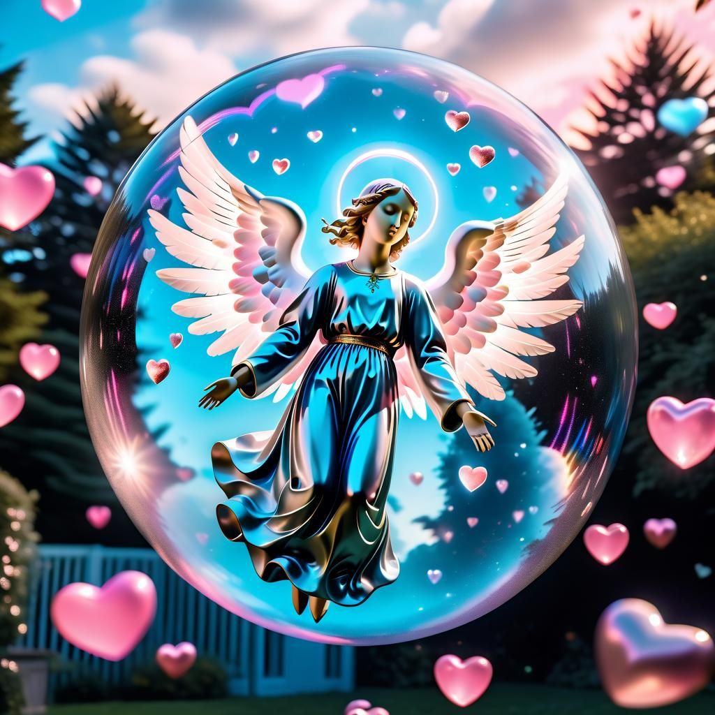 Serene Angel Floating in Black Bubble