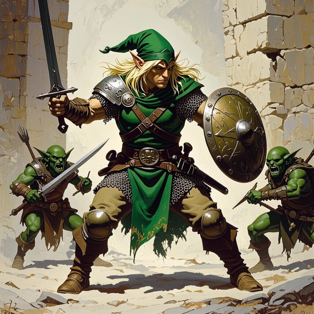 Elf Warrior Battles Goblins in Medieval Fantasy Scene