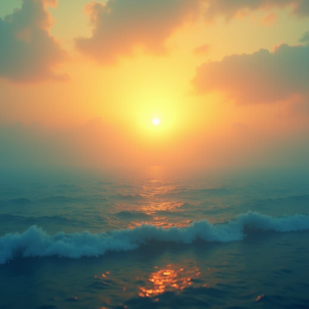 Cinematic Ocean Sunset in Retro-Futuristic Style