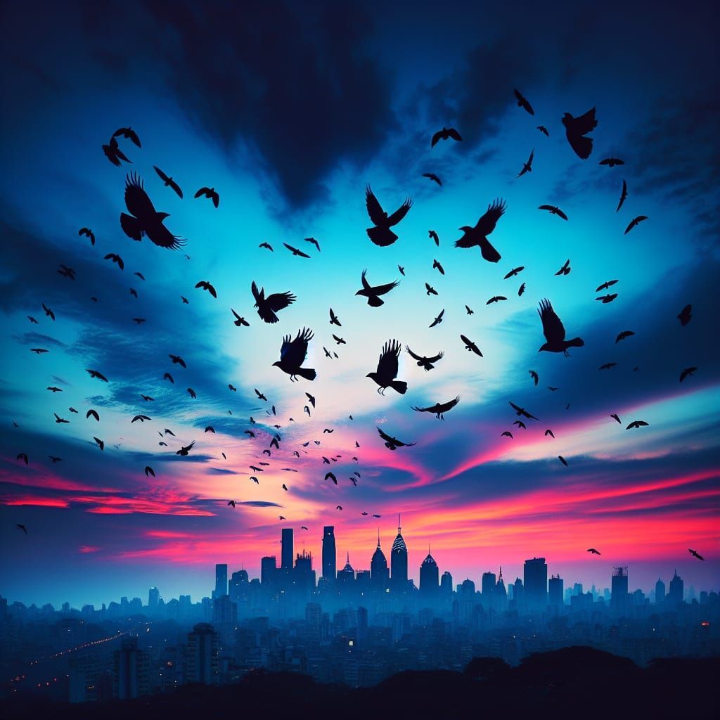 Crows in Flight: City Skyline at Dusk