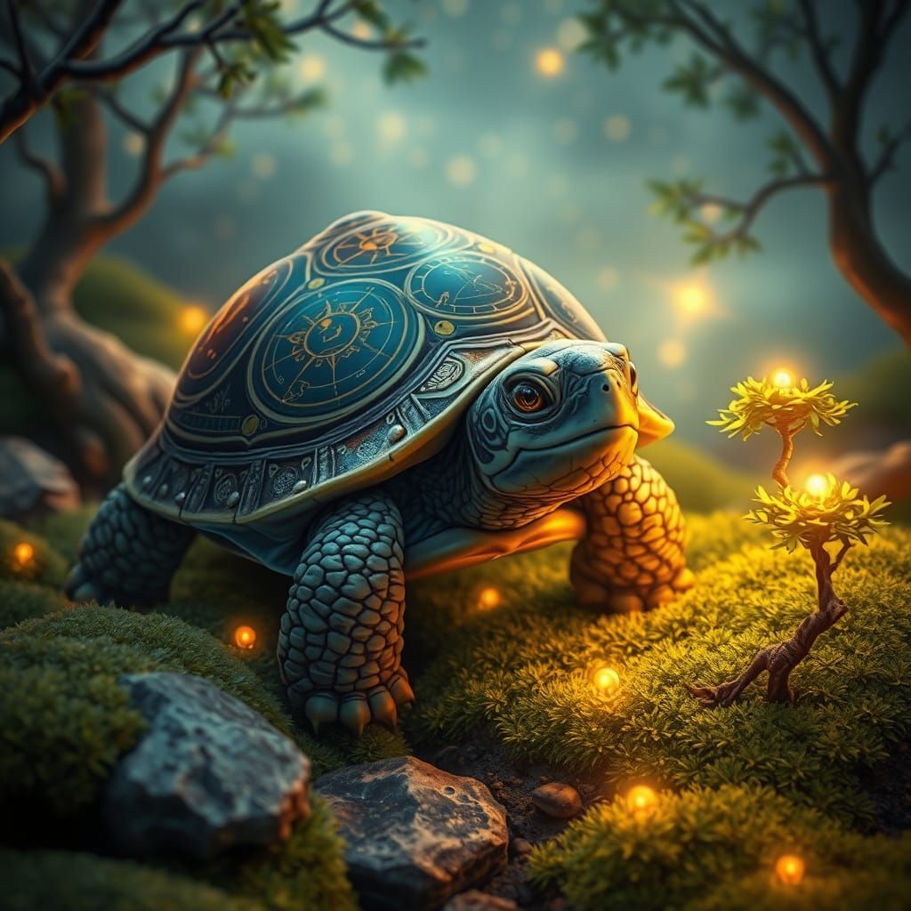 Celestial Turtle in Zen Garden: Art Nouveau Digital Art