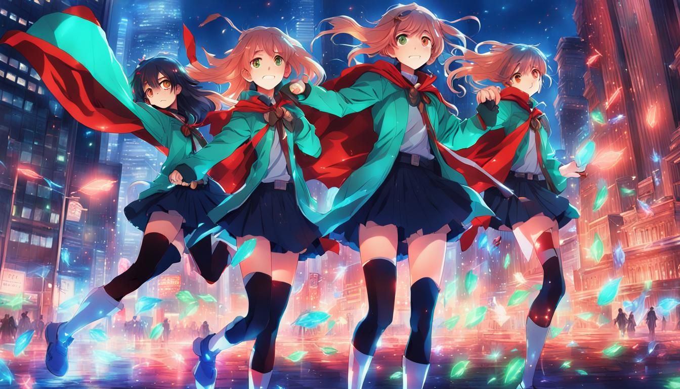 Anime Superhero Girls with Magic Lights in City