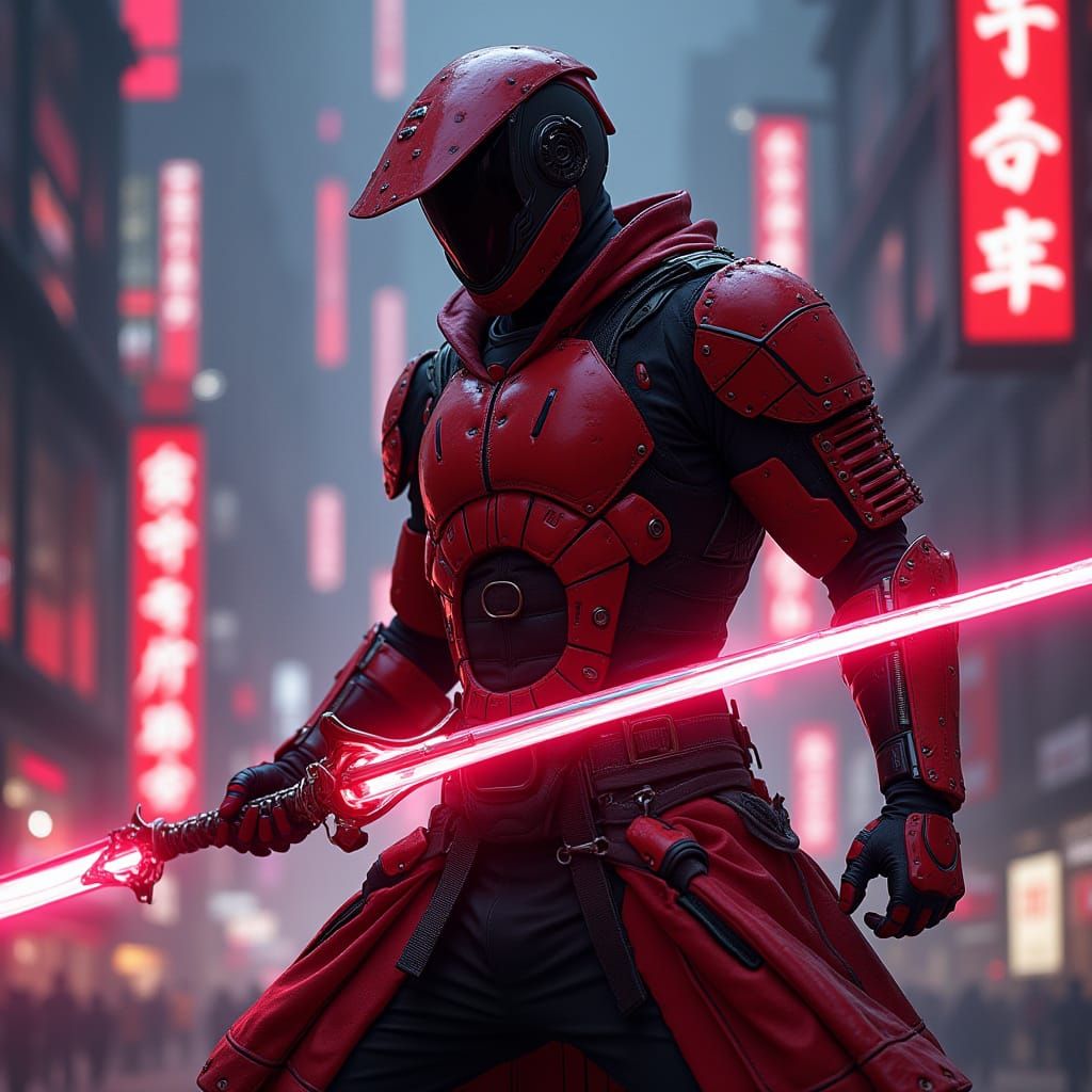 Red Cyber Samurai with Energy Katanas
