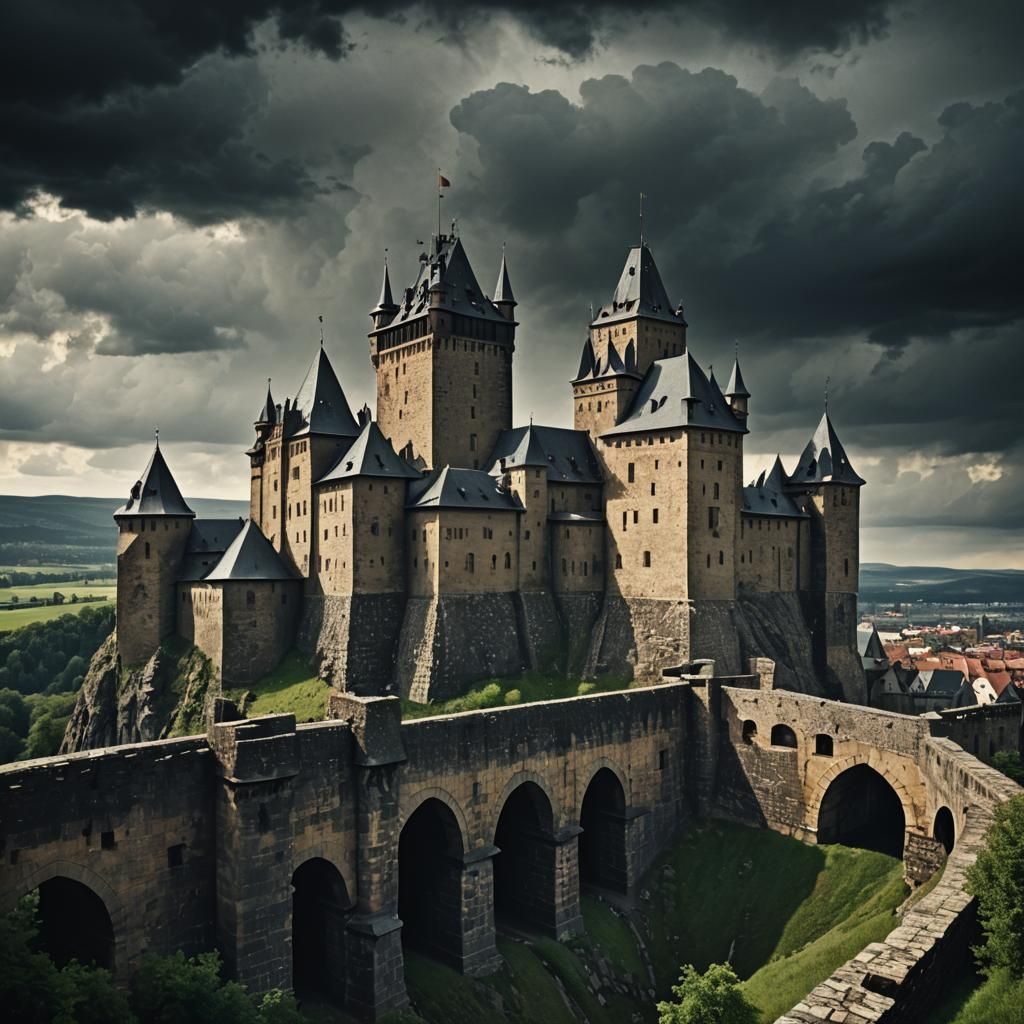 Dark Fantasy Stone Castle with Towers and Drawbridge
