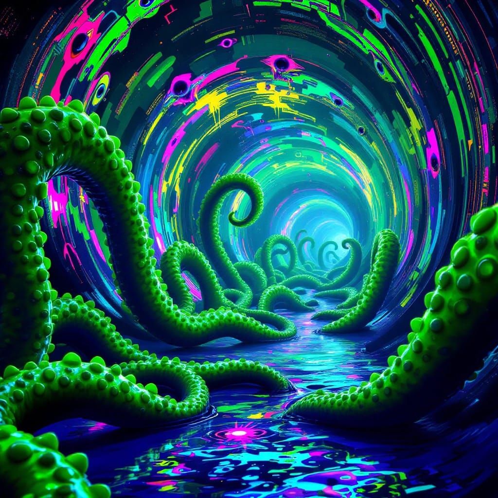 Endless Neon Psychedelic Tunnel with Twisting Tentacles