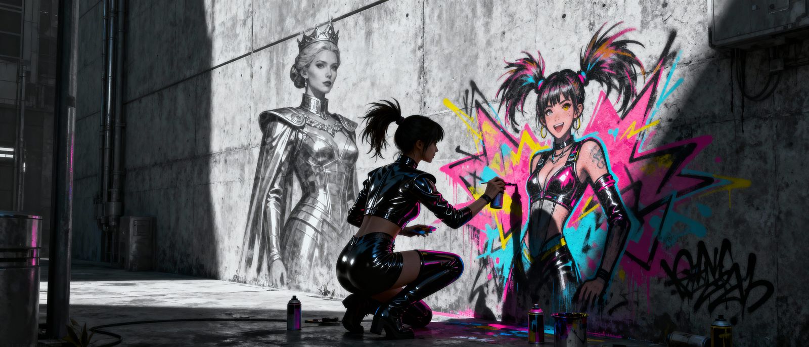 Artist Spray-Painting Mural on Brutalist Wall