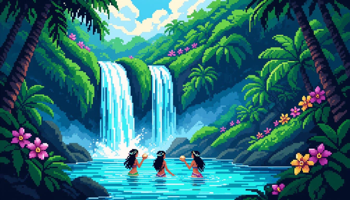 Pixel Art Hawaiian Waterfall with Mermaids