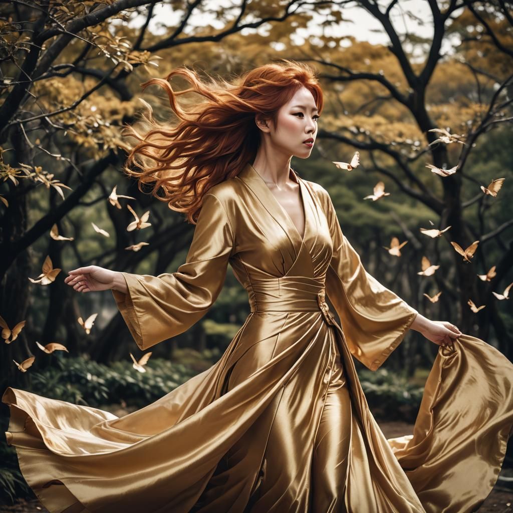 Redhead in Gold Gown: Cinematic Film Still