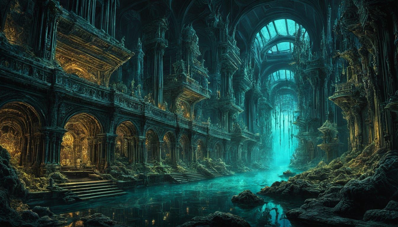 Bioluminescent Underwater City on Ancient Coral Reef