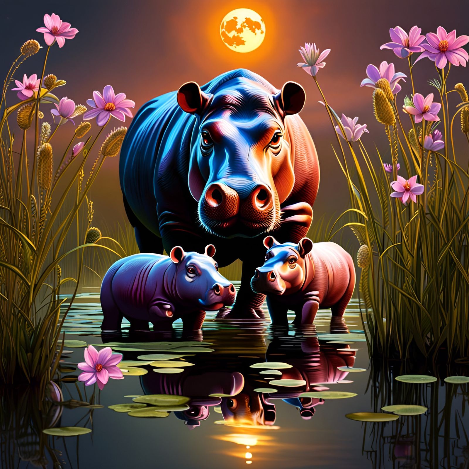 Mother and Baby Hippopotamus in Sunset Lighting