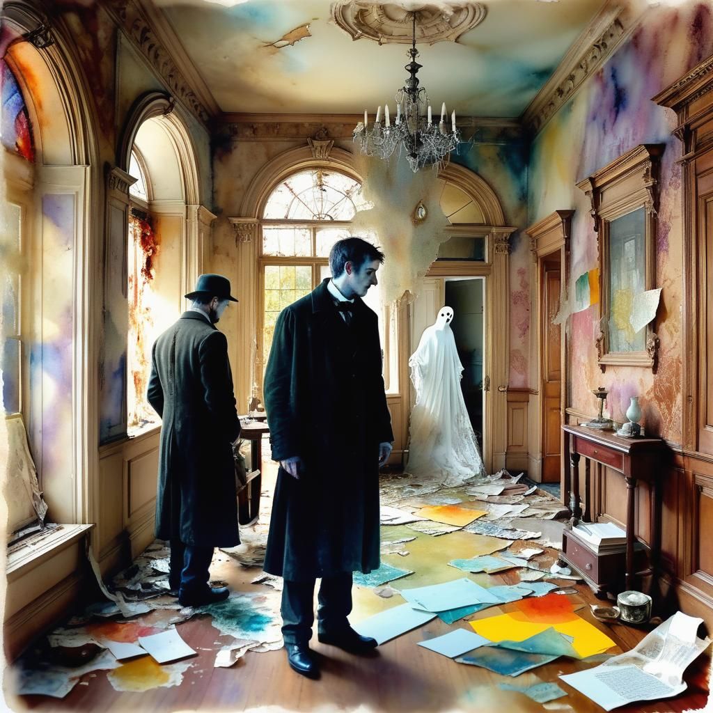 Ghost Investigators in Abandoned Mansion Watercolor