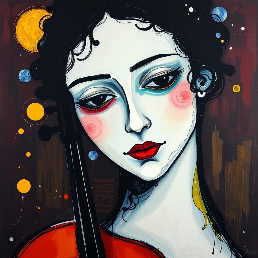 Abstract Violinist Portrait in Jewel Tones, Expressionist St...