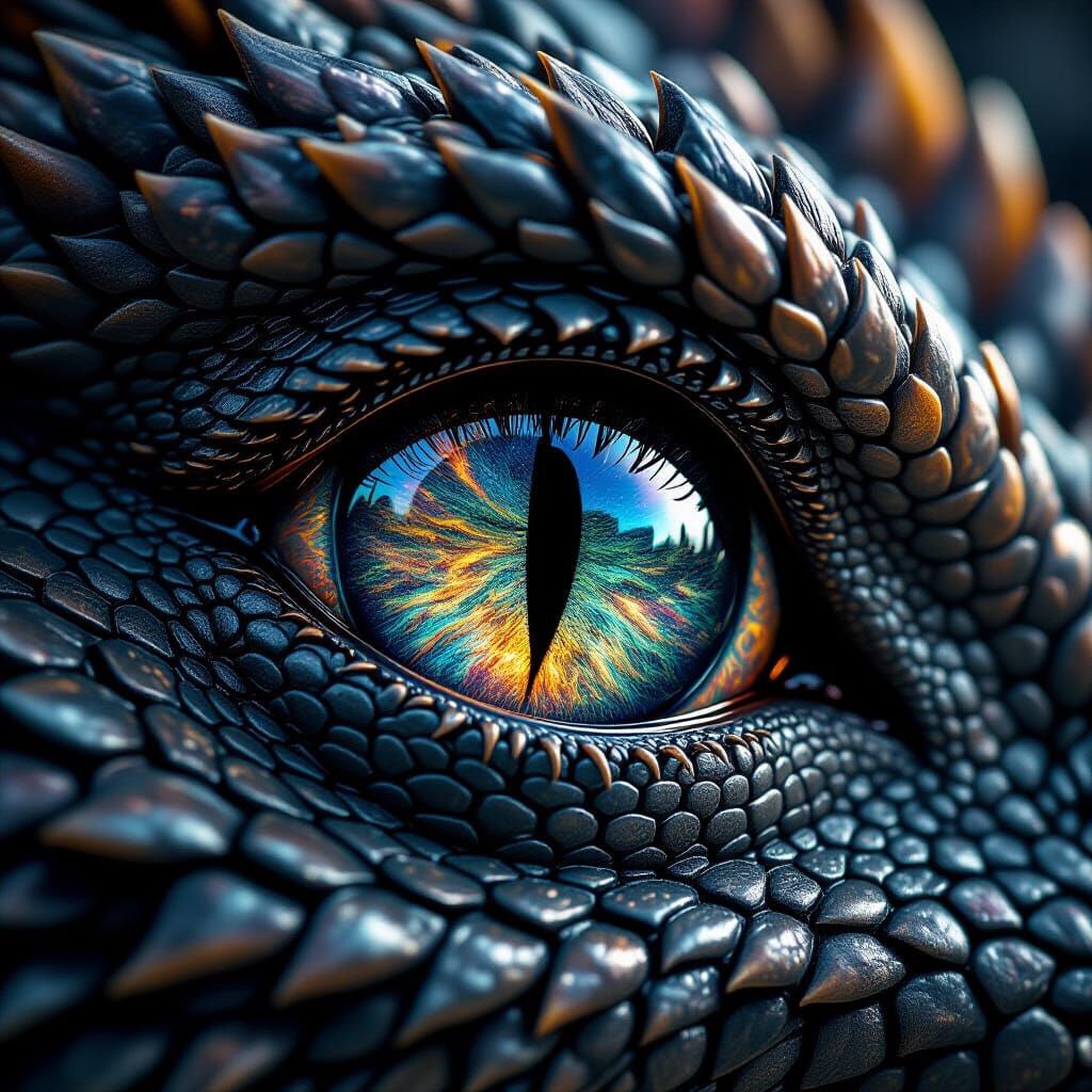 Photorealistic Dragon Eye Reflecting a Galaxy