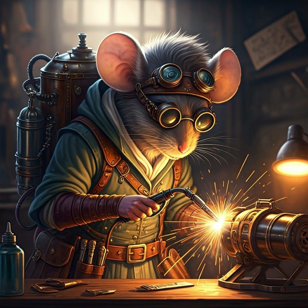 Anthropomorphic Mouse Artificer in Steampunk Workshop