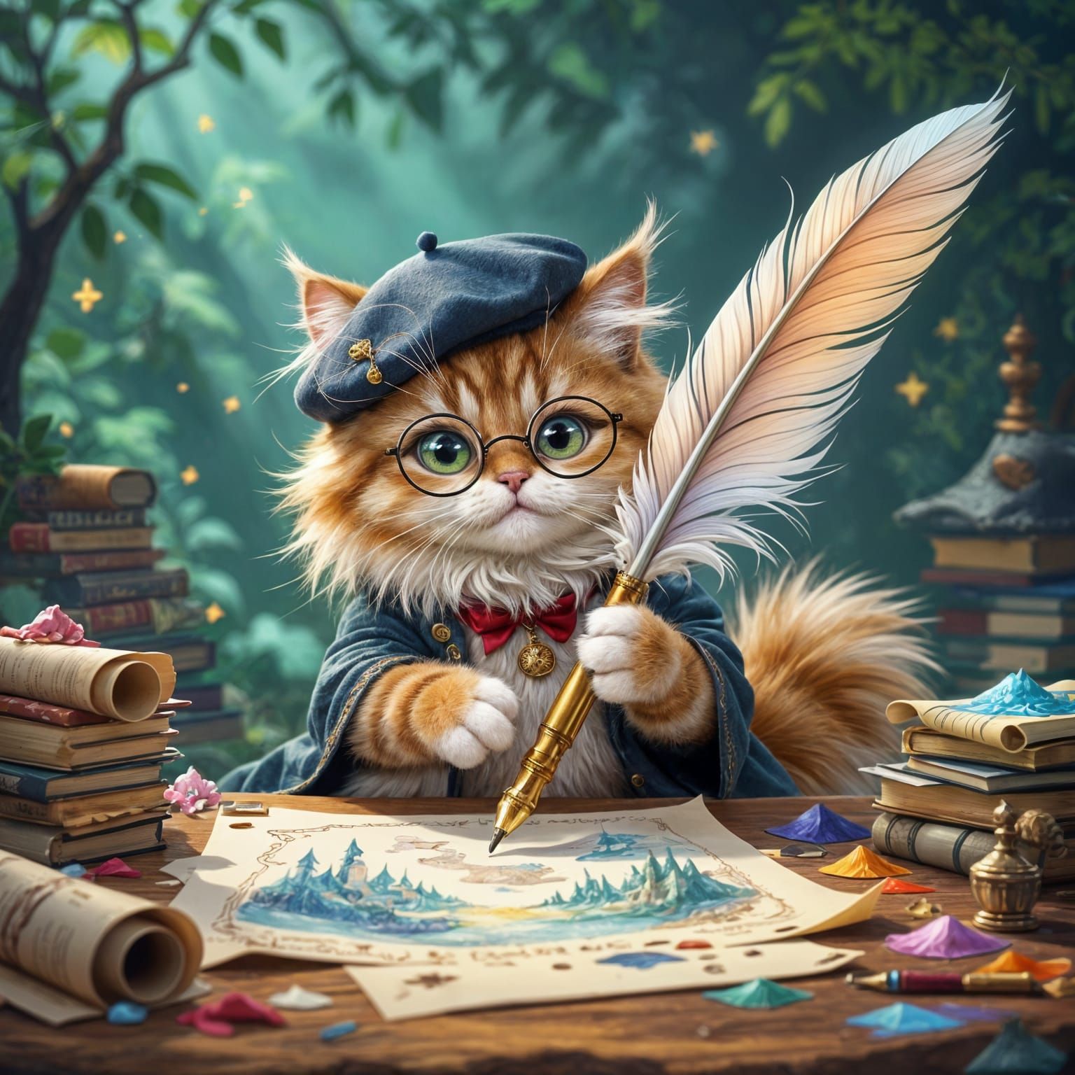 Whimsical Cat Artist Sketching Enchanted Landscape