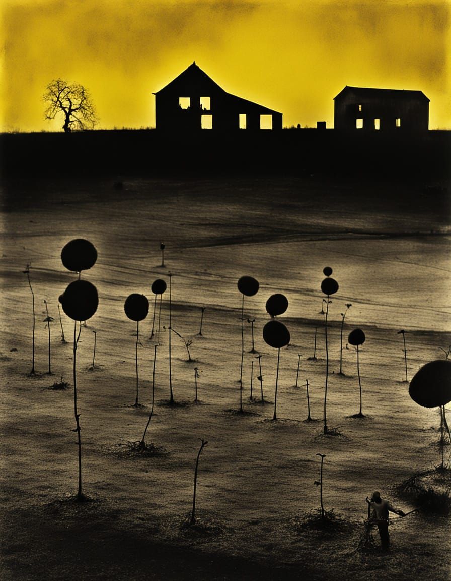 Surreal Farm Scene Under Hazy Yellow Sky