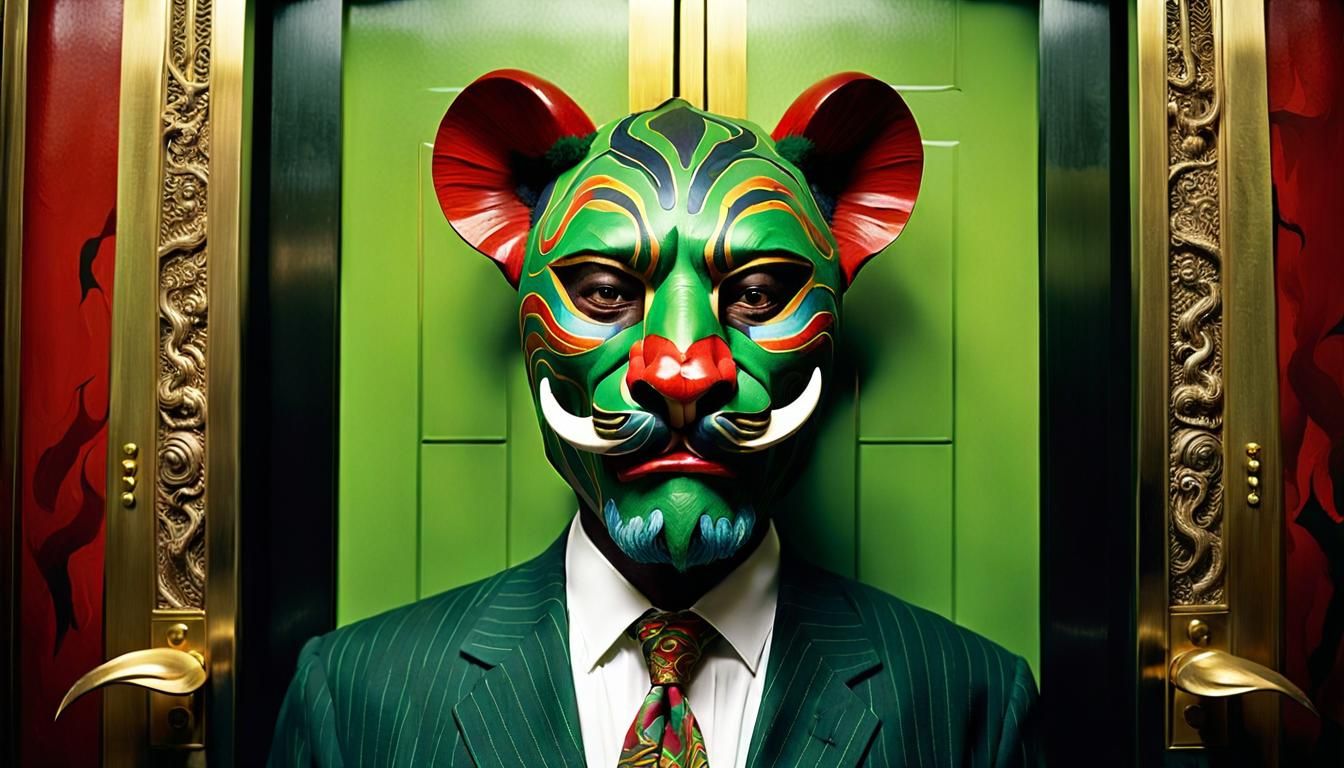 Surreal Stockbroker with African Mask in Magic Realism