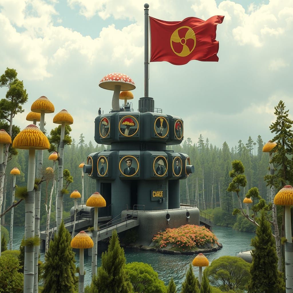 Surreal Futuristic Mushroom Flag Tower in Whimsical Artistic...