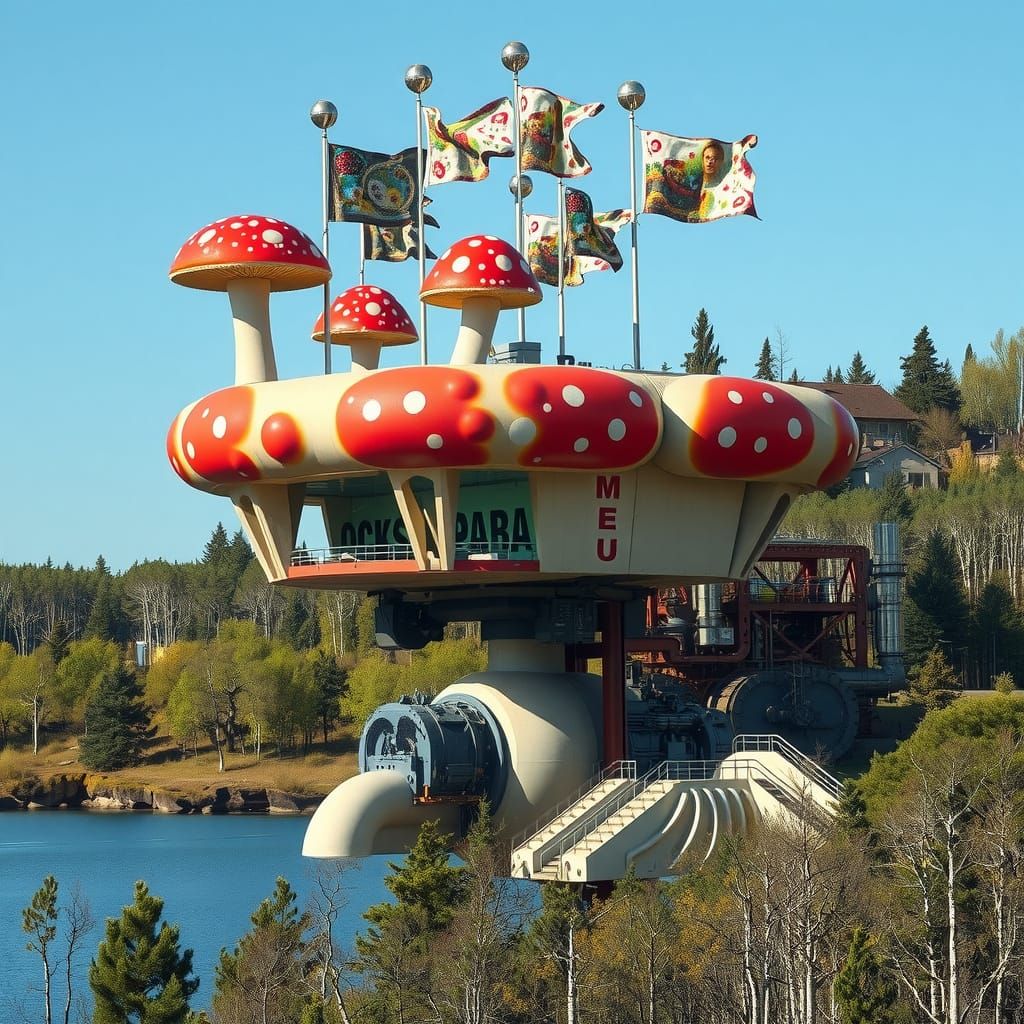 Hyperreal Mushroom Flags Adorn Modernist Bunker