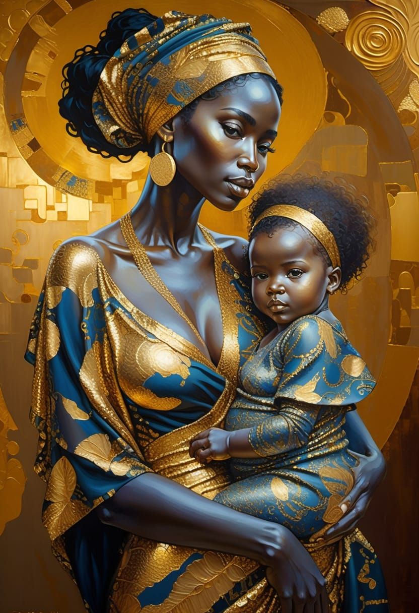 African Mother and Child in Klimt Style