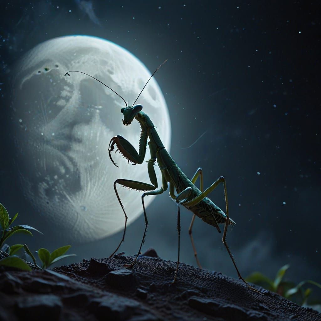 Praying Mantis Silhouette on Moon in Digital Art