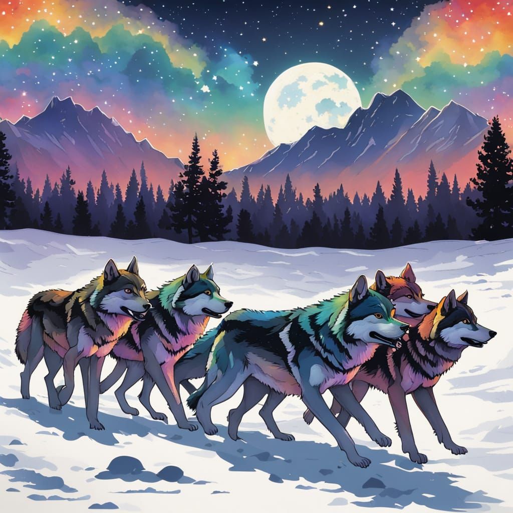 Vibrant Wolves Chase Under Celestial Canopy