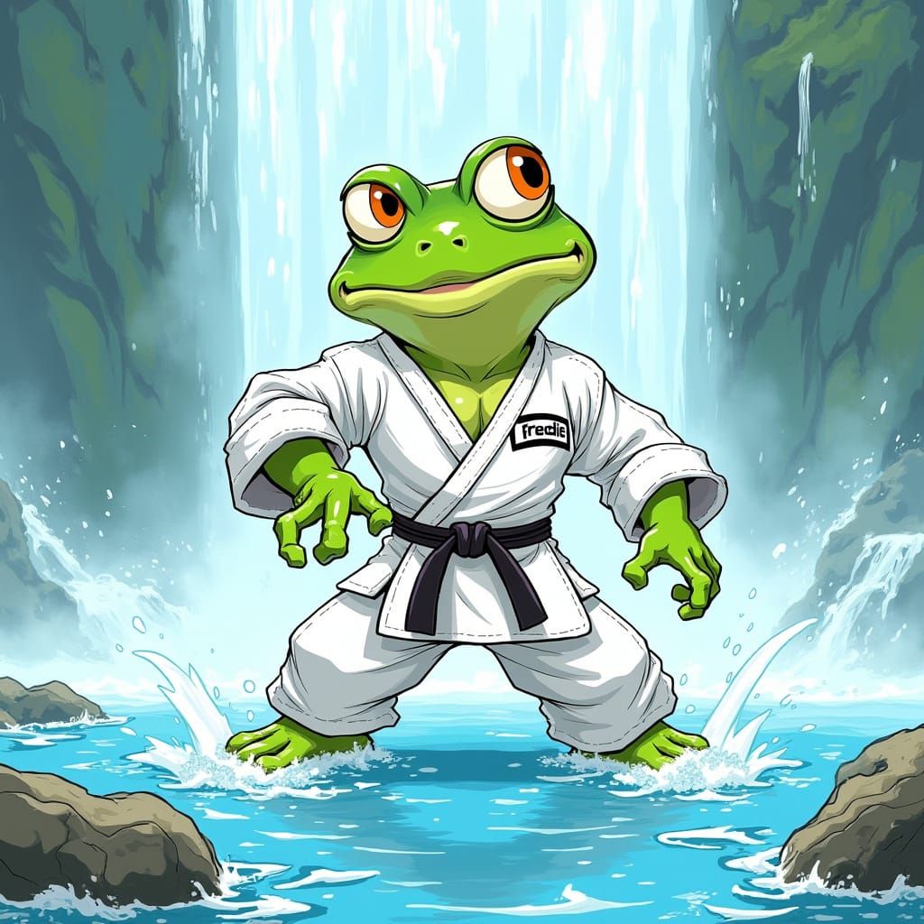 Cartoon Frog Martial Artist on Waterfall