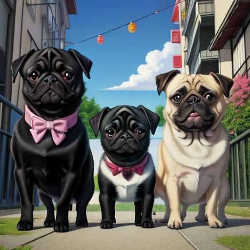 Three Pugs in Anime Key Visual Style