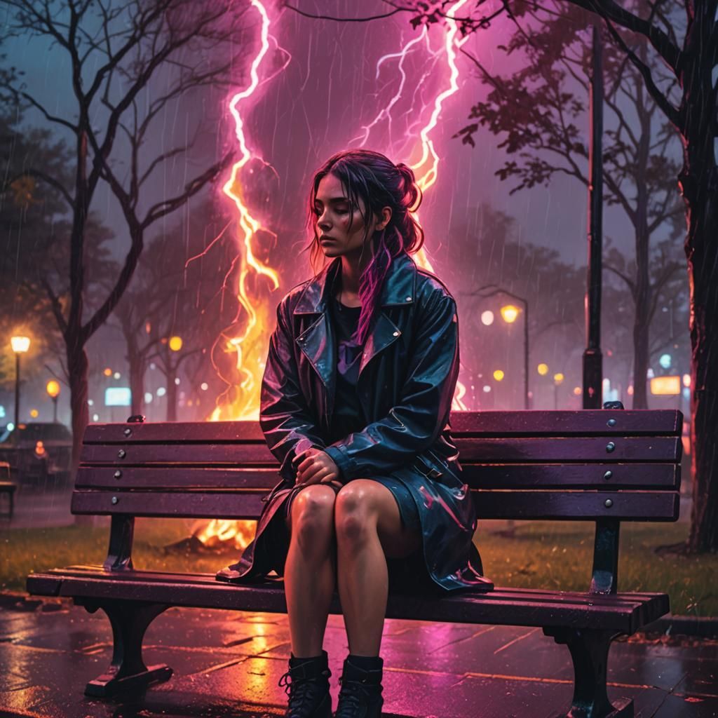 Girl on Bench in Rain with Fire, Synthwave Style
