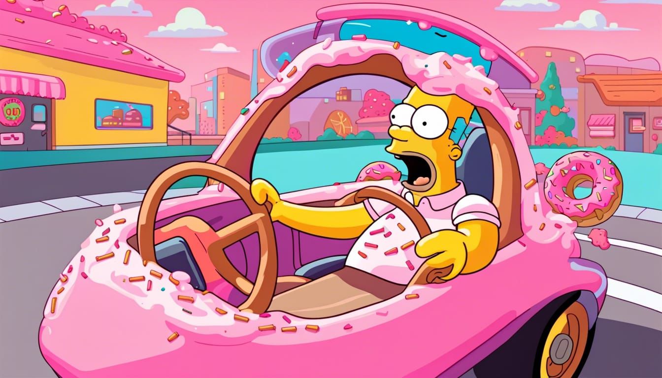 Homer Simpson Drives Donut Car in Cartoon Style