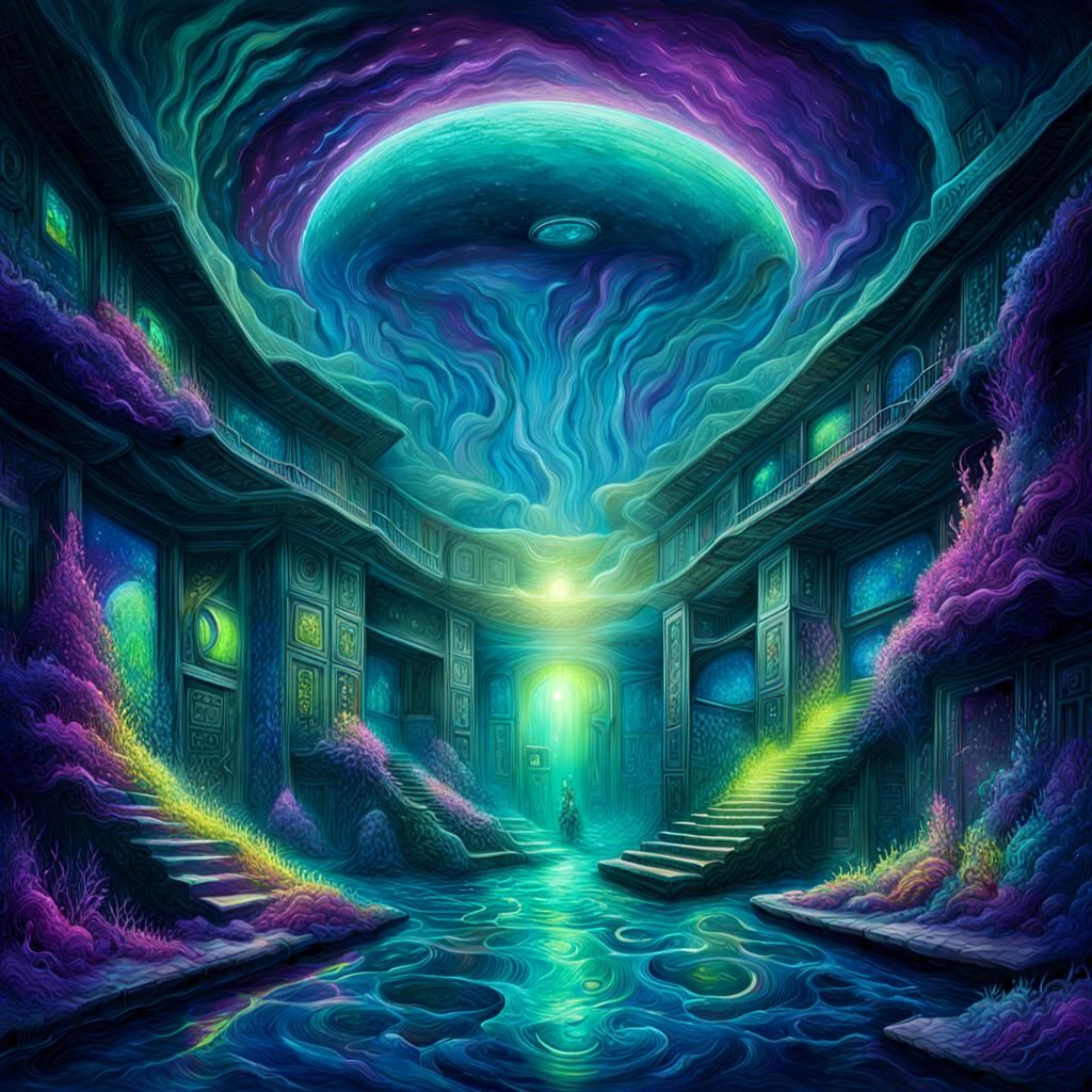 Alien Underwater Lair in Aurora Borealis Colors