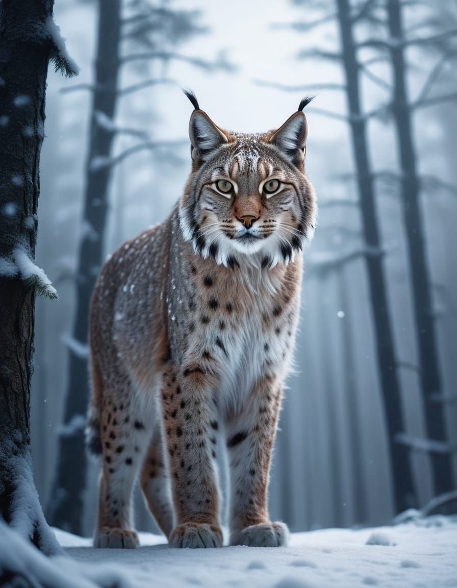 Cosmic Lynx in Snowy Galaxy Landscape