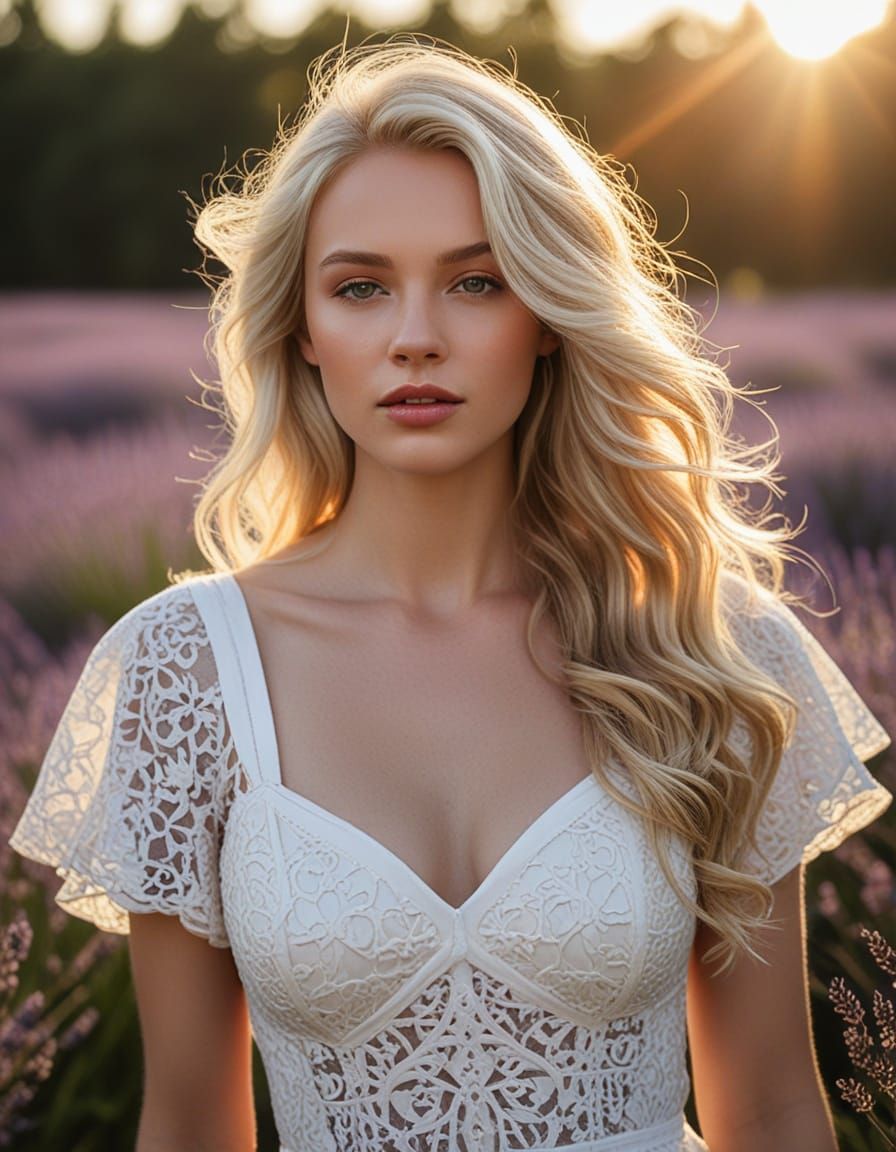 Platinum Blonde Woman in Lavender Field at Golden Hour