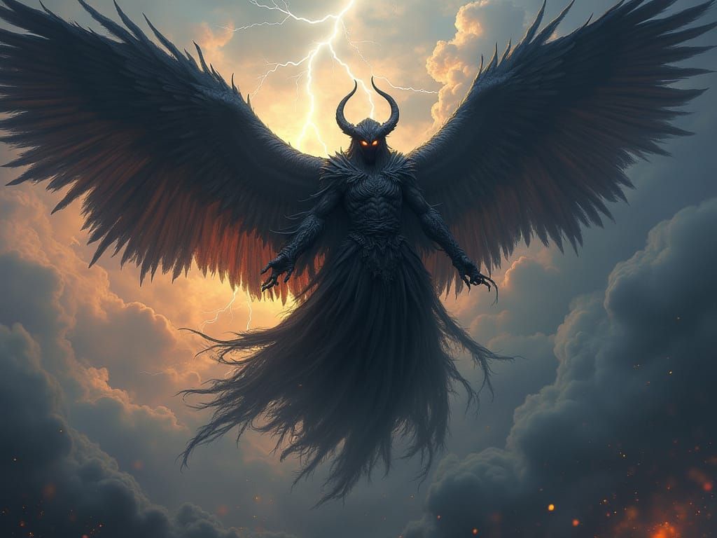 Demonic Archangel Descends in Stormy Sky