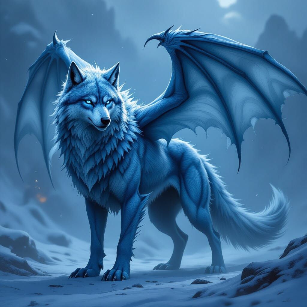 Ice Dragon and Dire Wolf Fusion in Dark Fantasy Style